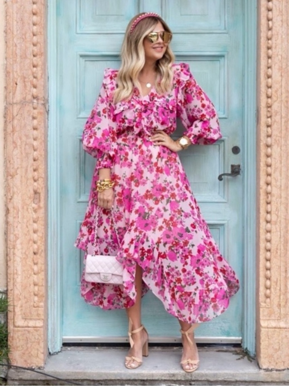 MISA Samantha Dress Flowy Floral Midi Ruffle Long Sleeve V Neck US L